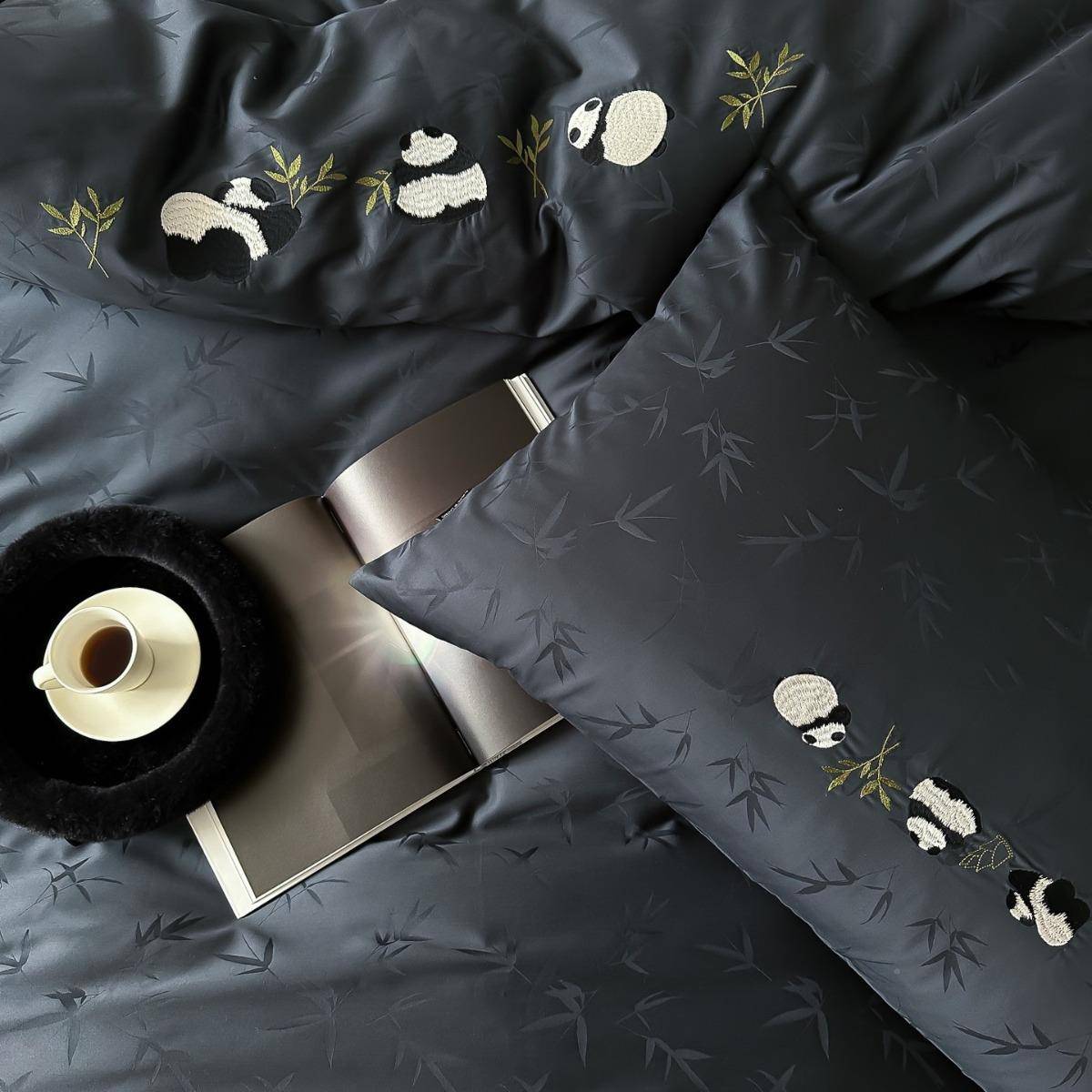 新中DMS式纯单件套全棉熊猫刺绣100支国风蓝黑棉被套床四上用床品