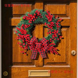 境圣诞节浆红黑格子蝴蝶结花村跨环ZNY圣诞乡红色果藤圈门挂装饰