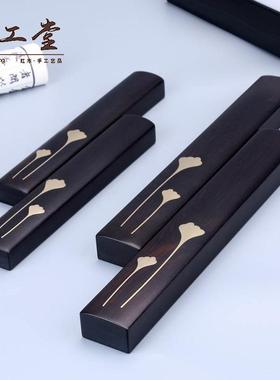 毛笔书法镇纸压品文房MOW四宝檀木用镶荷叶镇尺实木绘铜画国画宣