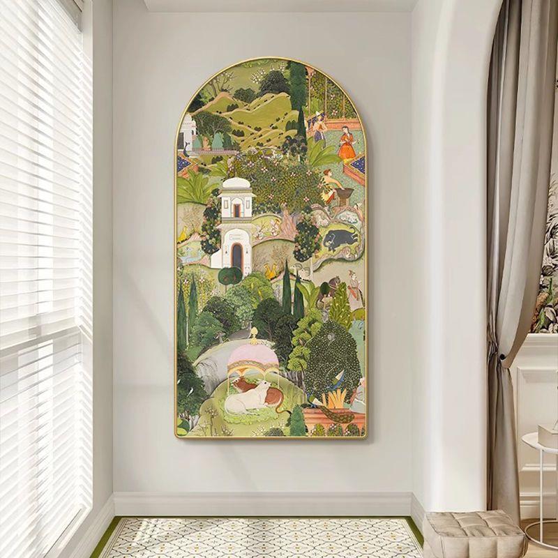 入户玄关装饰复古花鸟画IWY拱形壁画轻式奢奶油风走廊过道竖版法