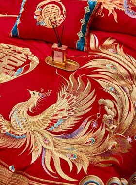 新中式全被棉婚刺庆床上四件NTI套棉龙凤纯绣红色结婚喜嫁妆套床