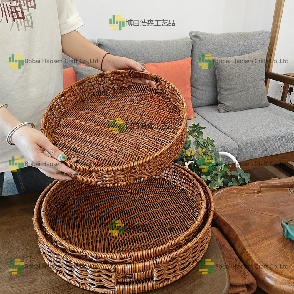 手工藤编圆形收纳篮3件套