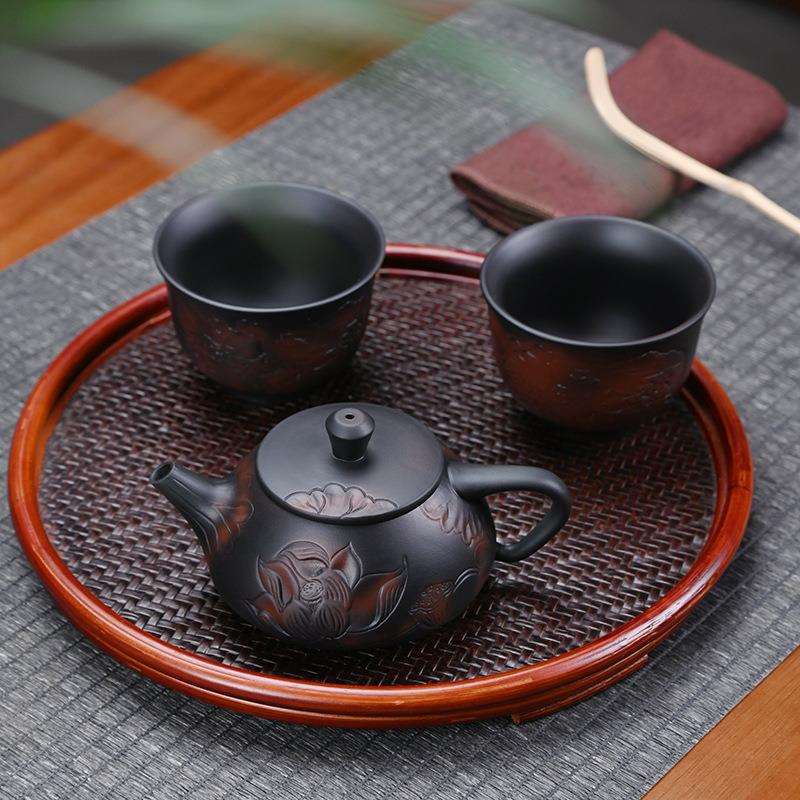 荷韵复古紫陶壶单壶泡茶壶纯手工功夫家用办公茶具浮雕紫砂高档壶