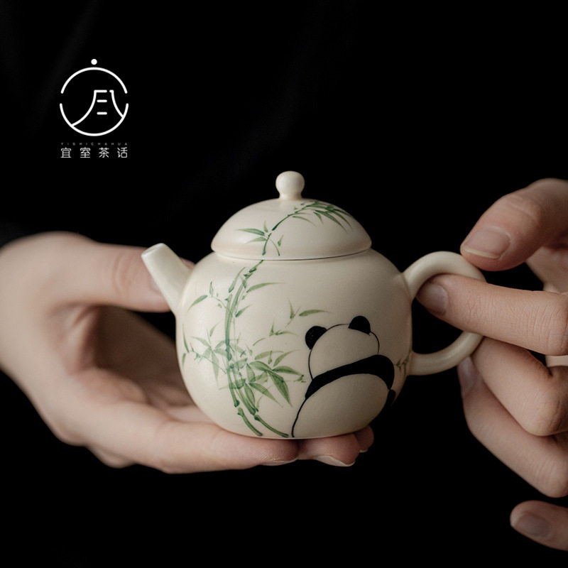 宜室茶话手绘熊猫戏竹茶壶家用可爱茶具带过滤泡茶壶冲茶器中式