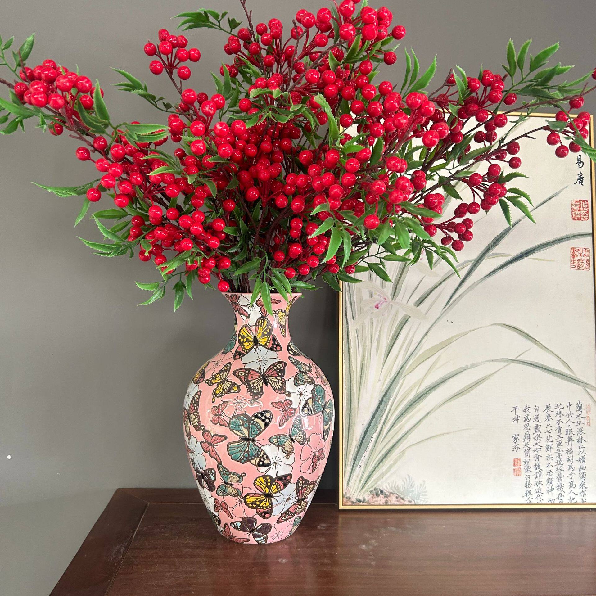 欧式花瓶粉色陶瓷插花瓶彩色蝴蝶瓶子家居玄关客厅民宿博古架摆件