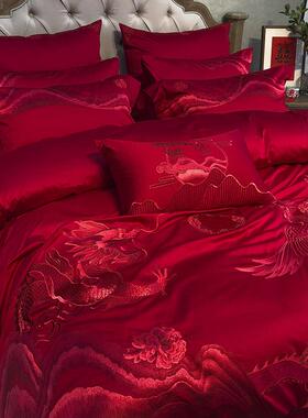 九喜狐婚庆家纺龙凤刺绣红色四件套结婚床上用品备婚喜被乔迁之喜