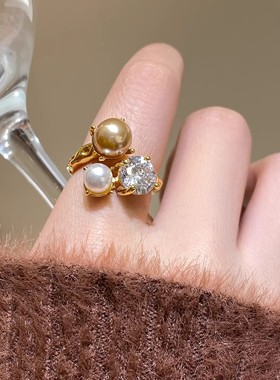 金色珍珠锆石开口食指戒女新款