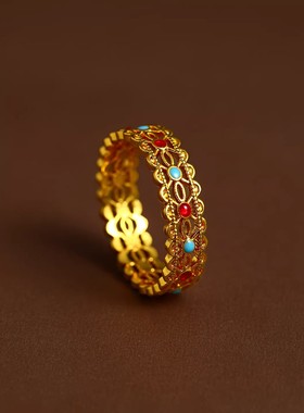 古法沙金珐琅彩花丝轻奢女戒