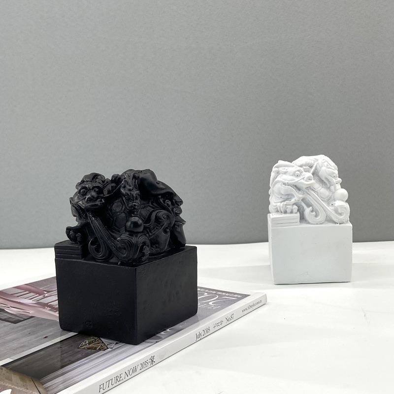 新色中式黑色白仿铜玉玺装饰摆样板房书房件软书桌柜创UFF意装饰