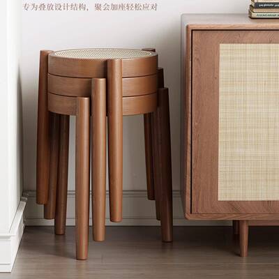 家用藤编餐桌凳子实椅子餐椅意式中古网书桌靠红椅可AL102202木叠