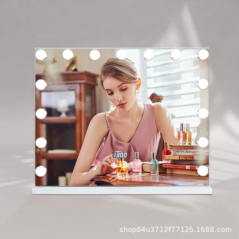 爆5846时钟台款好坞式带灯泡化妆镜时钟莱显示功能美妆LED化妆镜