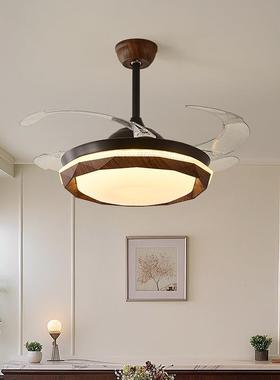 复中古胡桃木纹风灯餐厅444一体吊油扇灯扇法式奶风古隐形客厅电