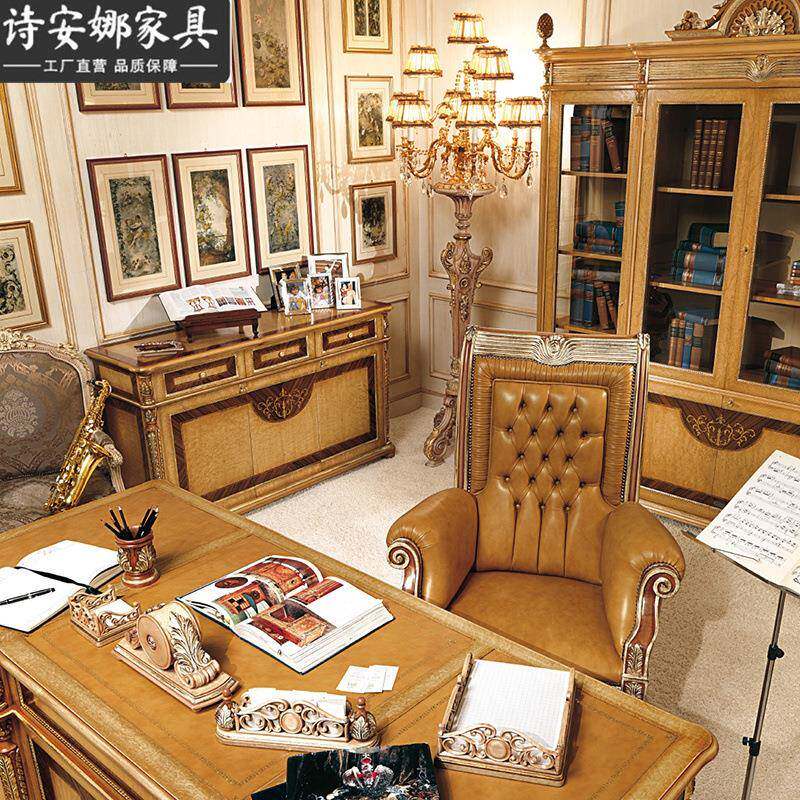 奢别墅DDO书房家具欧式实木华雕刻书写桌字桌家脑用办公桌电椅