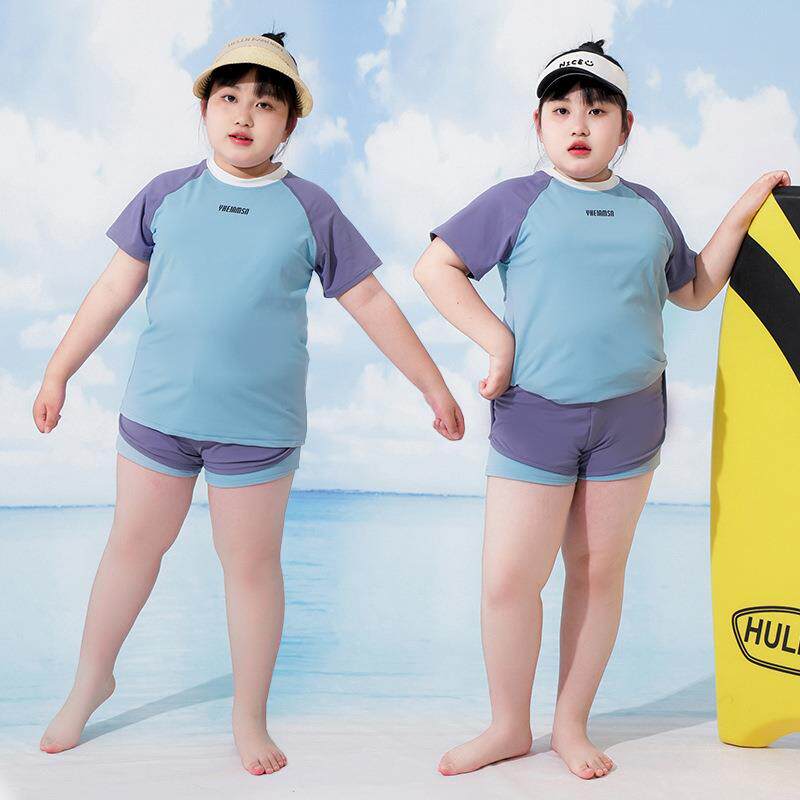 胖女童泳衣套装加肥加大码宽松分体泳装学生温泉保守泳衣泳裤夏季