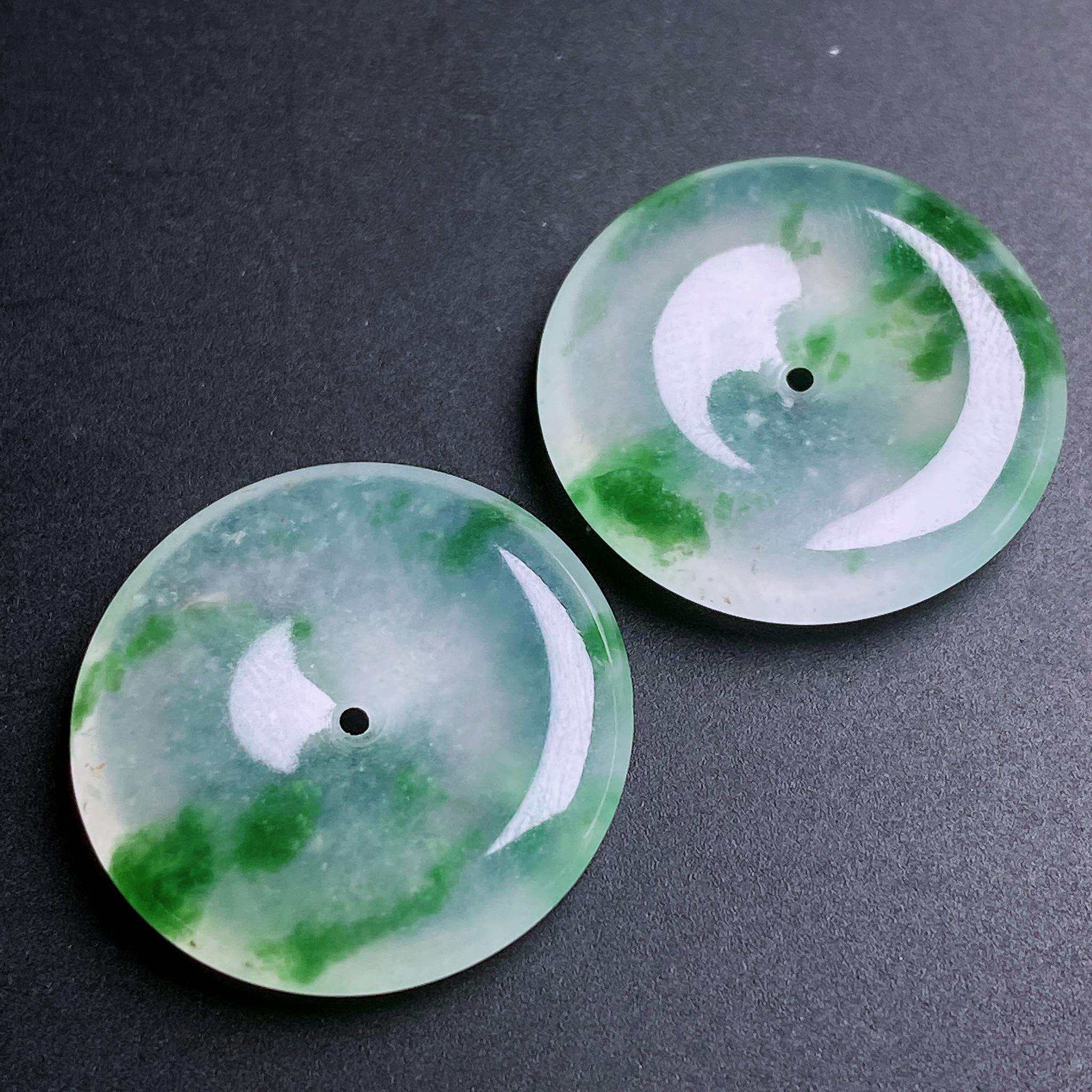 缅甸天然翡翠a货冰飘花平安扣一对镶嵌耳坠fxj尺寸：18.8-3.8mm