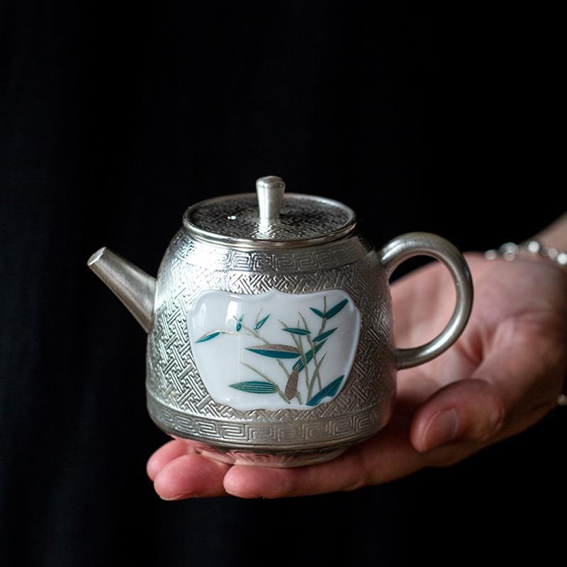 鎏银开窗竹韵壶中式复古风茶具家用办公足银泡茶壶壶手工银壶茶壶