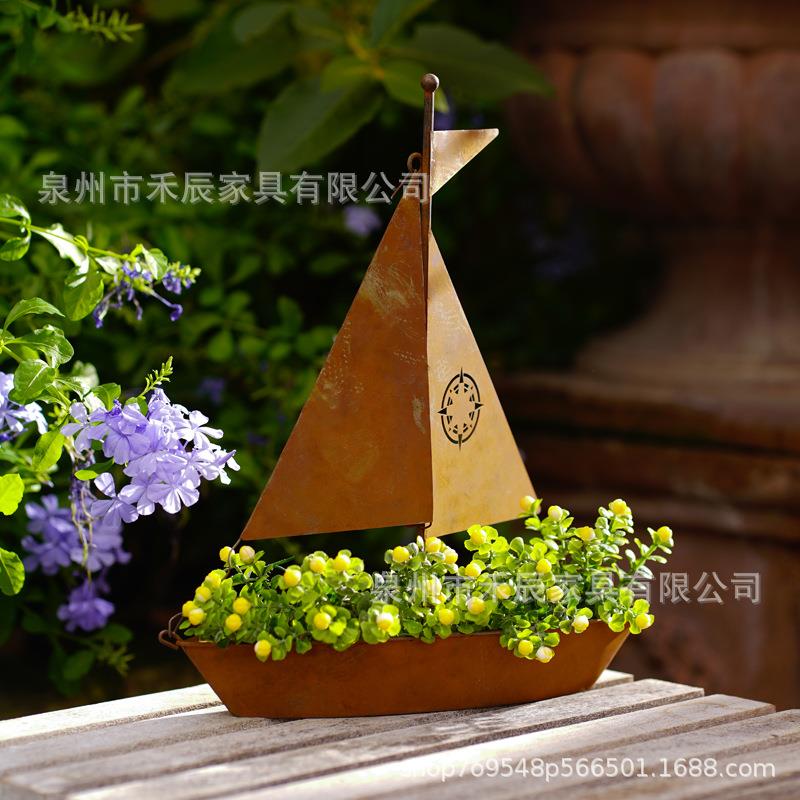 跨境爆款创意3D生锈帆船铁艺多肉植物桌面装饰花盆花园装饰摆件