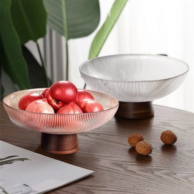 新款中古风实木底座高脚玻璃水果盘中式家用客厅茶几果盆摆件