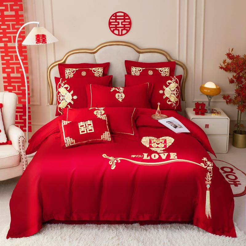 轻奢全棉红色结婚四件套婚庆床上用品新中式刺绣床单被套南通家纺,节庆用品/礼品,新娘配件,淘宝优惠券,粉丝福利购,淘宝优惠卷