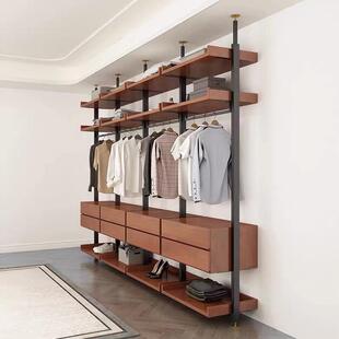 实木衣柜开放式卧室高级感落地铁艺服装店挂衣架衣帽间挂墙衣架