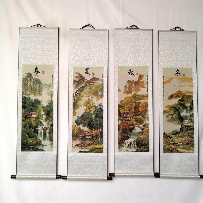 古玩织锦画挂画四条屏中堂画唐卡春夏秋冬收藏挂件装饰摆件