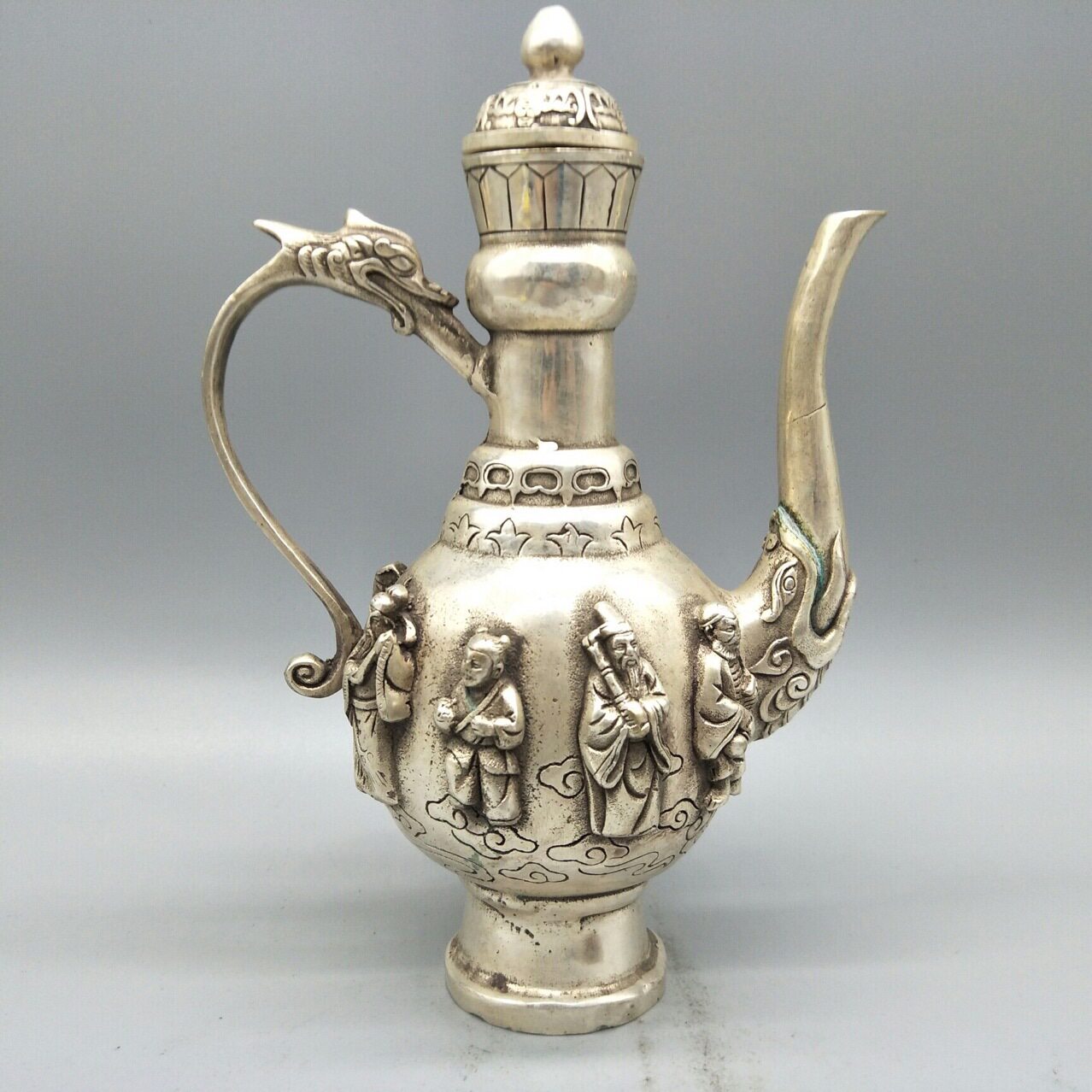 古玩杂项仿古工艺品白铜八仙壶摆件铜镀银茶壶饰品摆件
