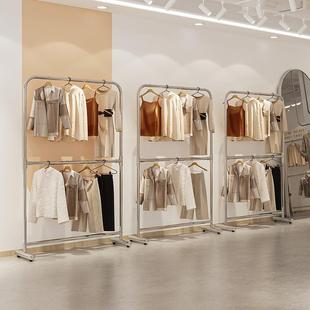 双层衣架服装店展示架陈列架落地式中岛架子男女装店不锈钢挂衣架