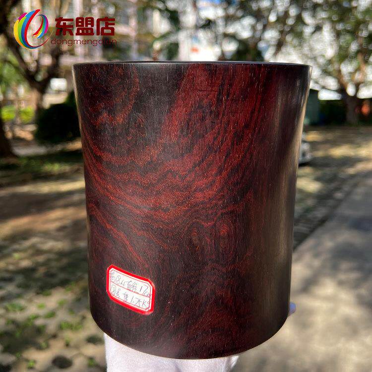 老挝大红酸枝木笔筒一体掏空山水纹办公桌收纳文房四宝原木出售