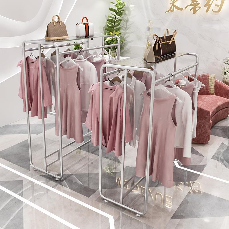 服装店金色双排中岛架双杠落地式展示架女装童装店银色挂衣服货架