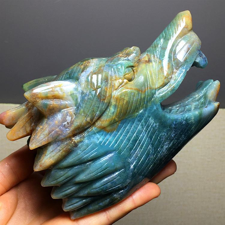 天然海洋碧玉龙血石紫云母虎眼石紫晶老鼠狼头雕刻件家居装饰摆件