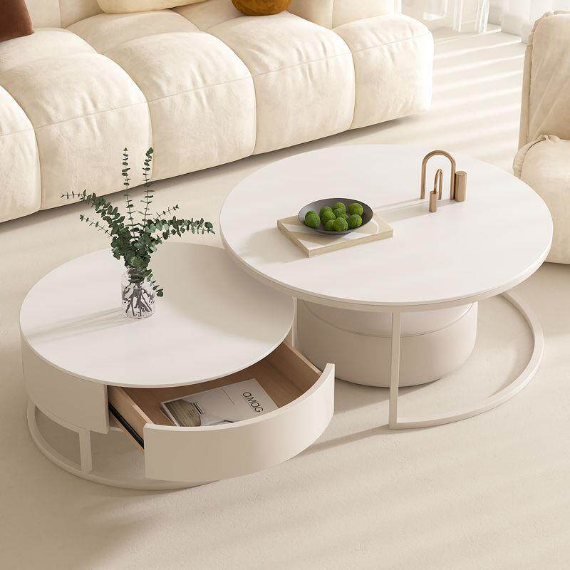 极简纯白岩板茶几小户型客厅家用简约现代奶油风轻奢圆形网红茶桌