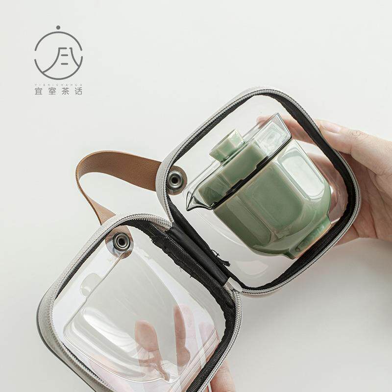 越窑青瓷玻璃旅行茶具套装盖碗茶海快客杯办公户外便携式陶瓷茶具