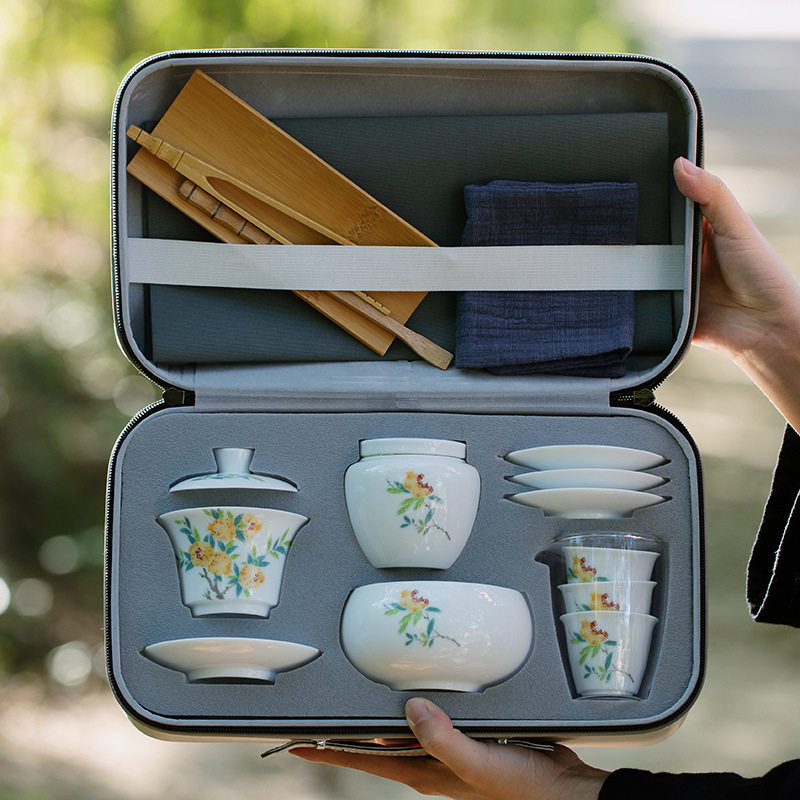 白瓷旅行套组甜白茶艺教学茶具便携包盖碗茶具茶艺师培训商务旅行