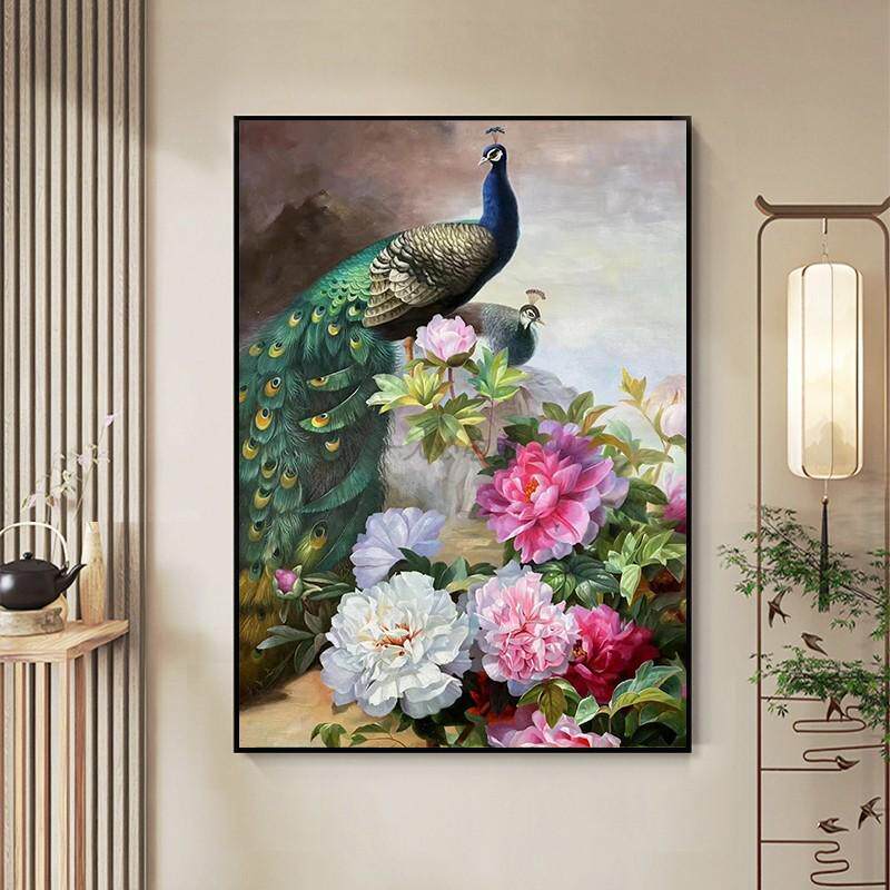 孔雀纯手绘油画牡丹花客厅装饰画新中式花开富贵玄关走廊过道挂画