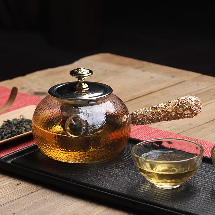 拼厂家直销木柄锤纹玻璃茶壶 家用办公茶具茶道配件 烧水器水壶