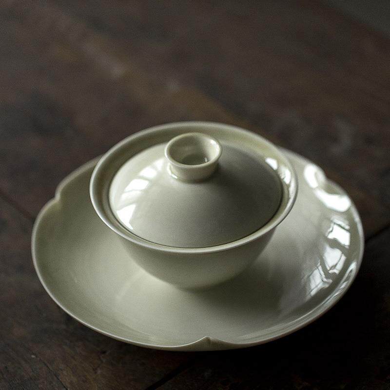 手工草木灰盖碗 大号普洱茶白茶泡茶碗 新中式三才盖碗带壶承托盘