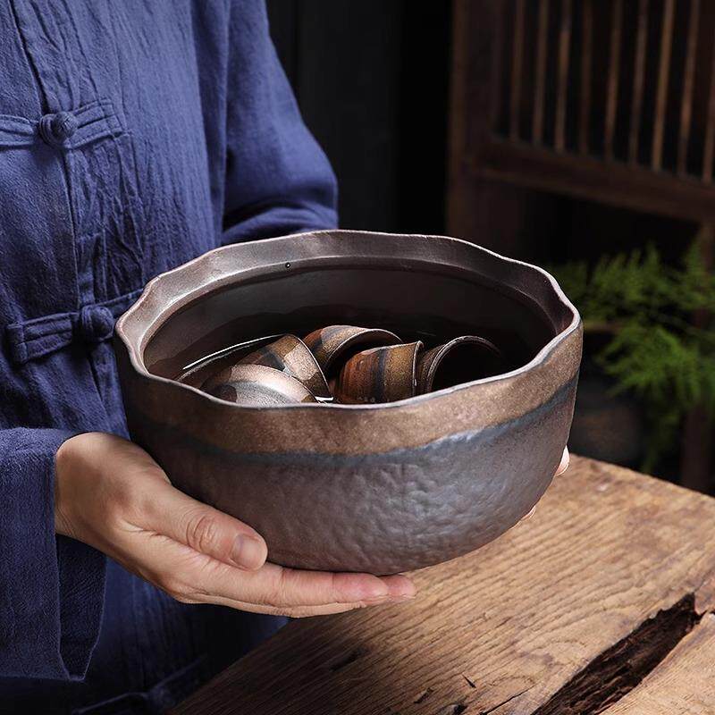 粗陶茶洗水洗茶具配件笔洗大号洗茶杯器皿家用办公陶瓷水盂荷韵
