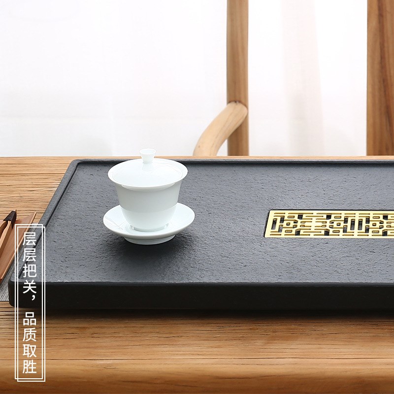 天然乌金石头茶盘简约家用整块石材带排水茶海大小号茶台现货