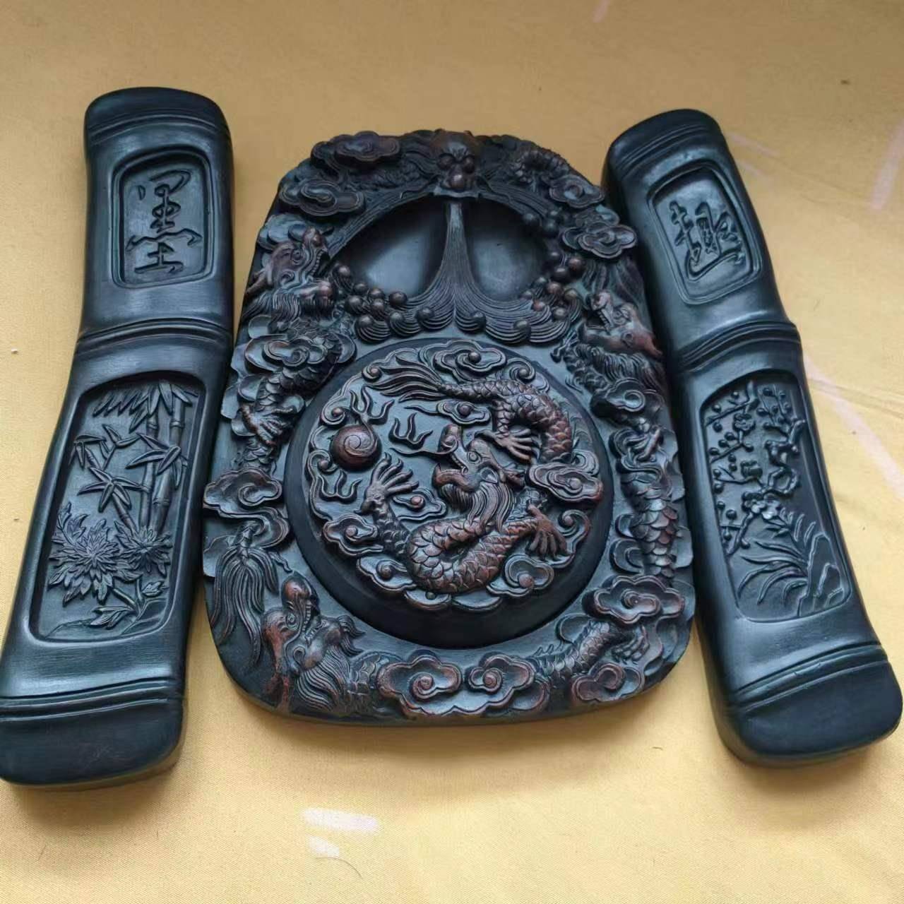 仿古文房四宝山西斋选黄河澄泥砚龟九龙砚毛笔书法可磨墨带盖