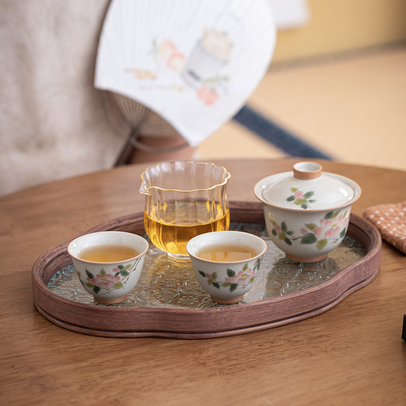 山茶花盖碗茶具套组一碗两杯玻璃公杯带茶盘玉兰釉下彩手绘新中式