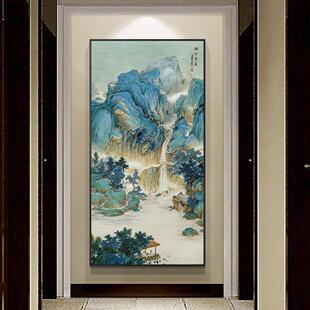 重游故地新中式玄关装饰画大幅竖版山水过道壁画客厅走廊尽头挂画