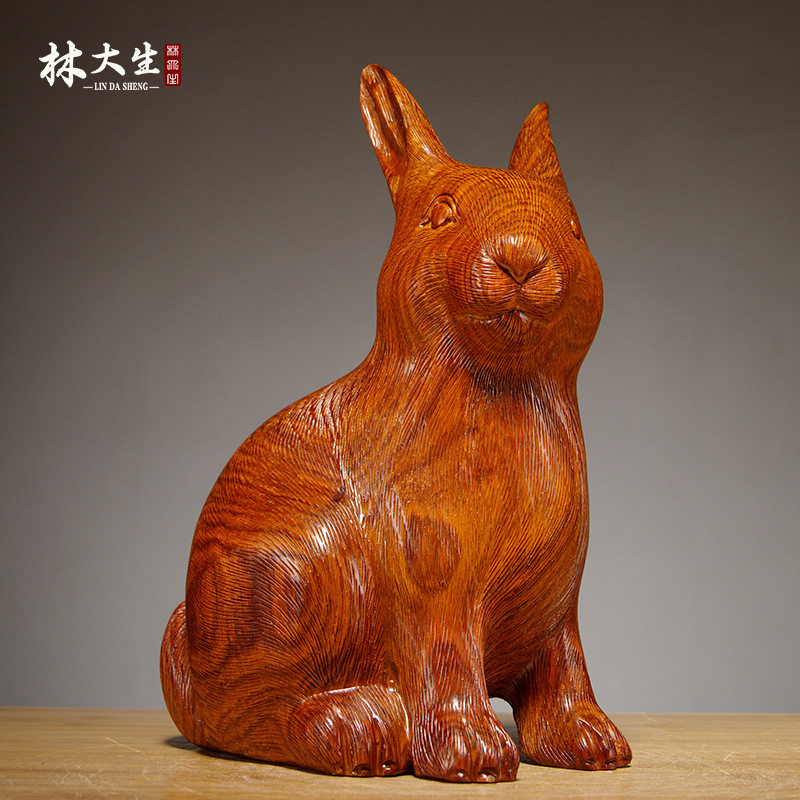 实木雕刻兔子摆件一对客厅饰品
