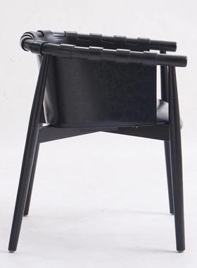 意式简实木极椅VLS用马鞍皮扶手椅中古餐客厅休闲椅白蜡木扶手家