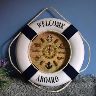 海地中创SCF风格意50CM仿真救生圈挂钟表静音芯机儿童房装饰卧室