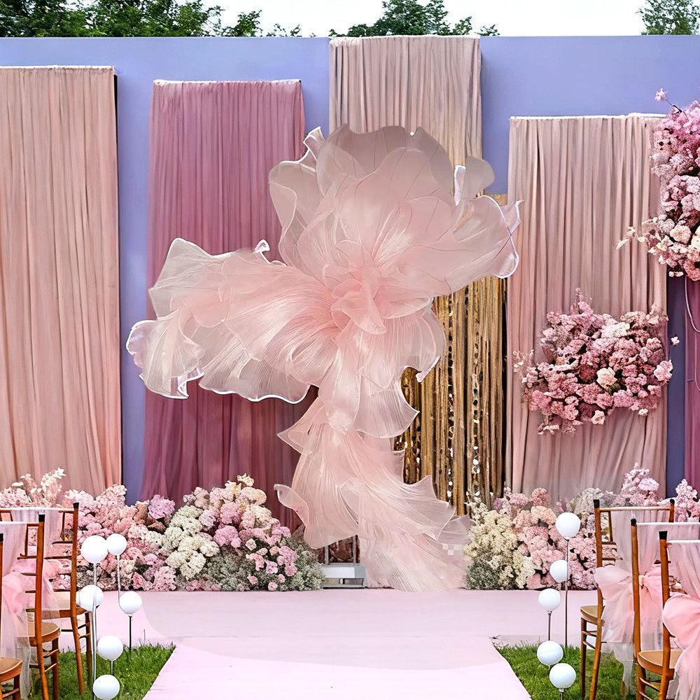 粉色巨型风琴纱褶皱蕾丝婚礼背景婚礼装饰橱窗纸花婚庆舞台户外派
