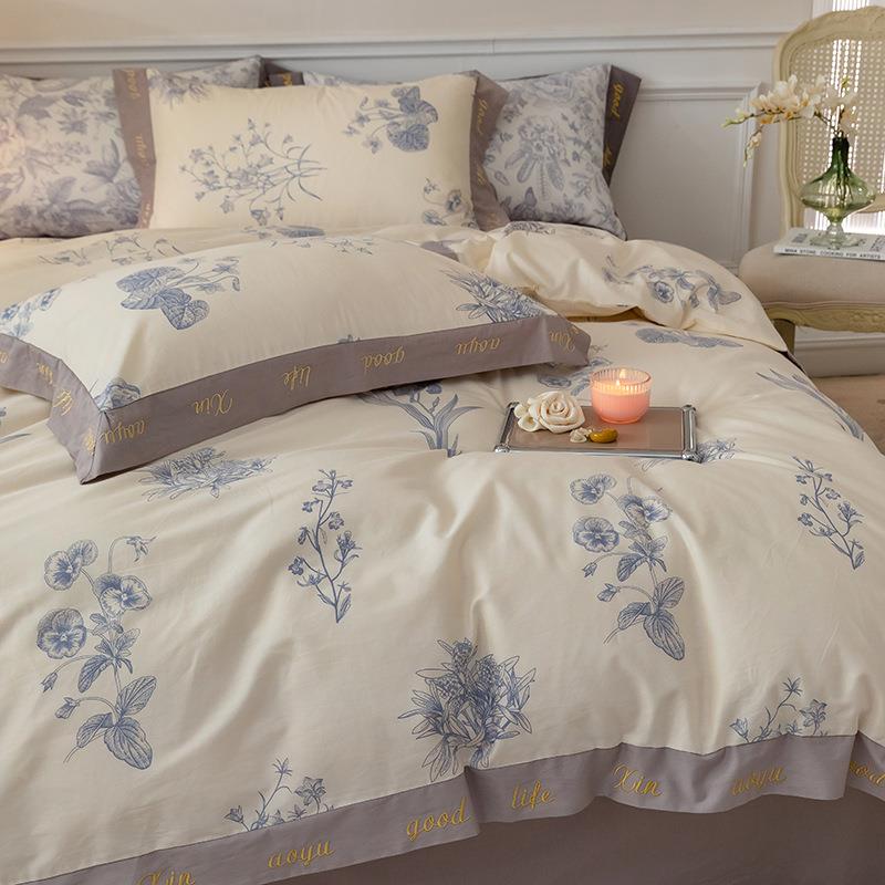 颜值高法式全棉缎印贡花四件套轻奢纯棉被单套床古风543清新床上