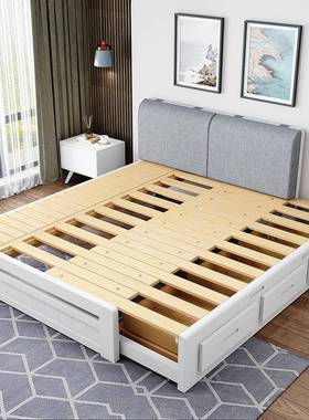 现代简功全实木伸缩抽拼接拖HNF约小型户多能卧室家具实木床家装