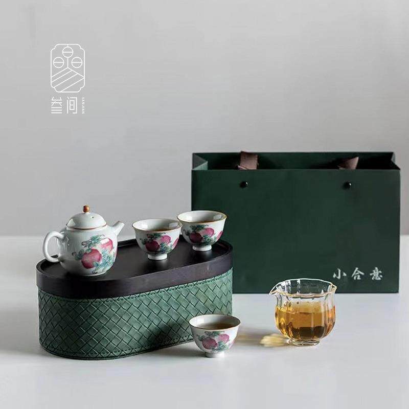 叁间复古寿桃旅行茶具套装便携式一壶三杯快客杯户外家用茶具套装