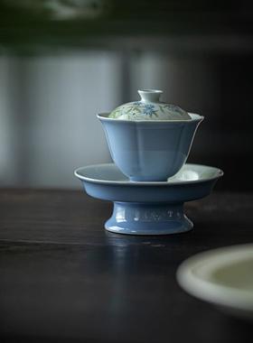 61K3暮山紫色手绘菊花高足盖碗壶承陶瓷仿宋泡茶碗茶点盘两才人文