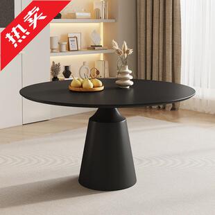岩板圆形餐桌家用小户型极简纯黑圆桌带转盘纯白饭桌恰谈桌桌